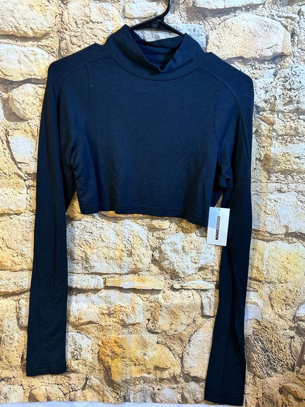Nova Sport Long Sleeve Mock Neck Crop Top Size S Black Active